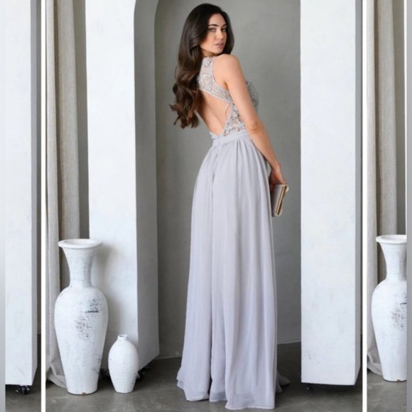 Maniju Lulus Savannah Nights Sleeveless Open Back Gown Maxi Dress Grey Gray New - Picture 7 of 16